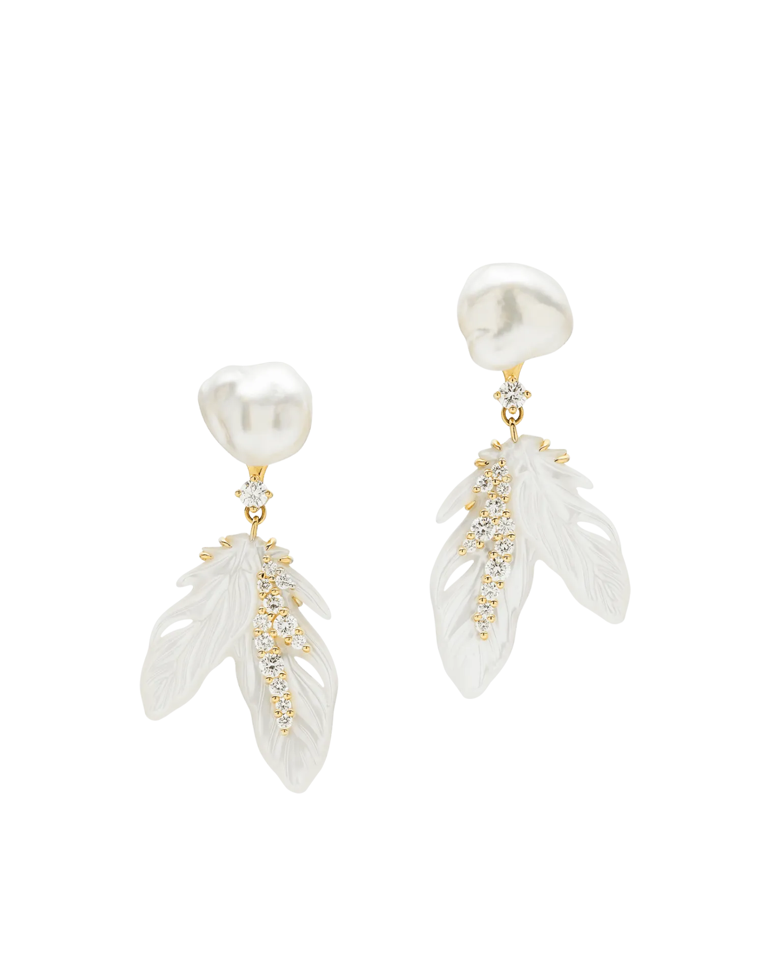 Feather Mother Of Pearl Earring Enhancers | Mother Of Pearl, Diamonds, and Yellow Gold
