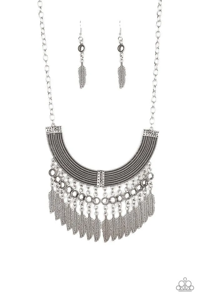 Fierce in Feathers - Silver - Statement Paparazzi Short Necklace