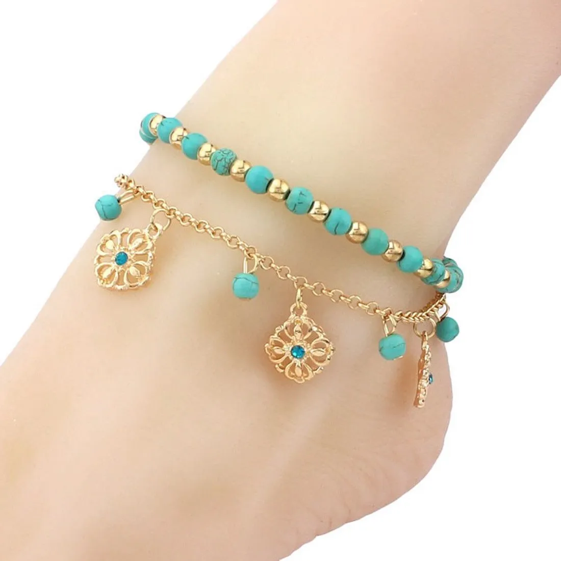 Floral & Beaded Charms Layered Anklet