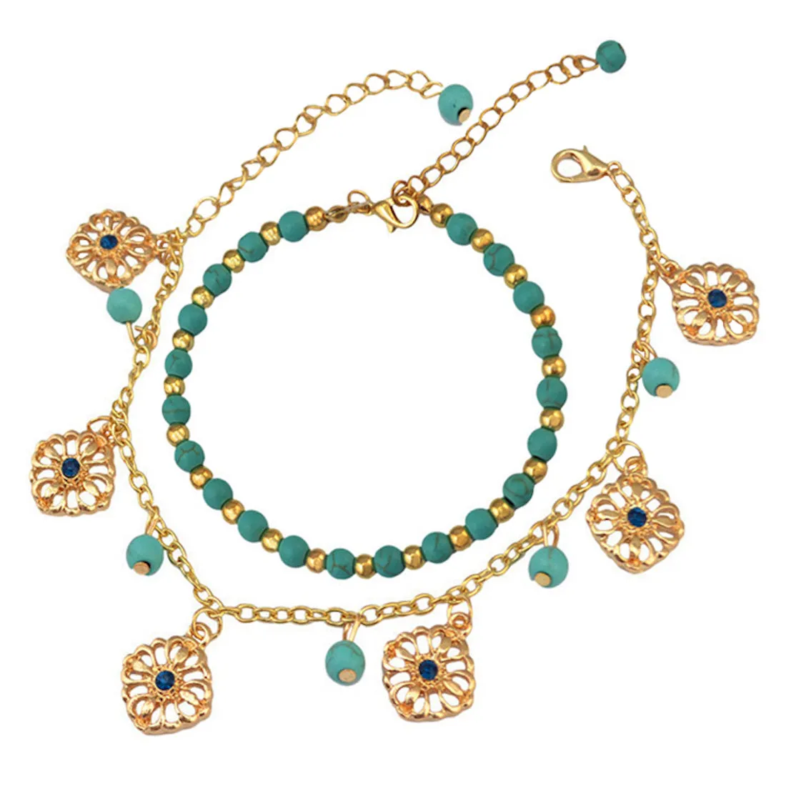 Floral & Beaded Charms Layered Anklet