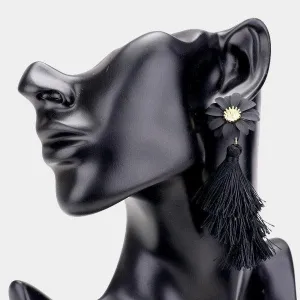Flower Triple Layered Black Tassel Dangle Earrings