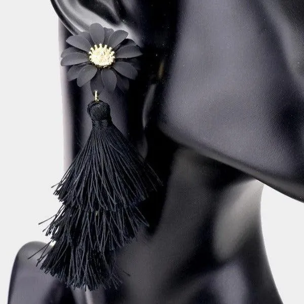 Flower Triple Layered Black Tassel Dangle Earrings
