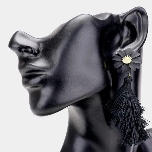 Flower Triple Layered Black Tassel Dangle Earrings