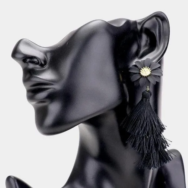 Flower Triple Layered Black Tassel Dangle Earrings