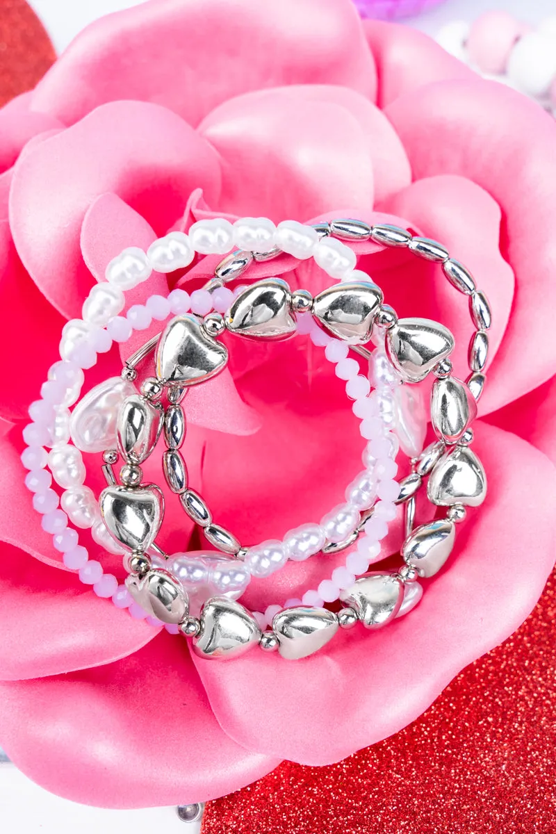 Follow Your Heart Silvertone and Pearl Heart Beaded Bracelet Set