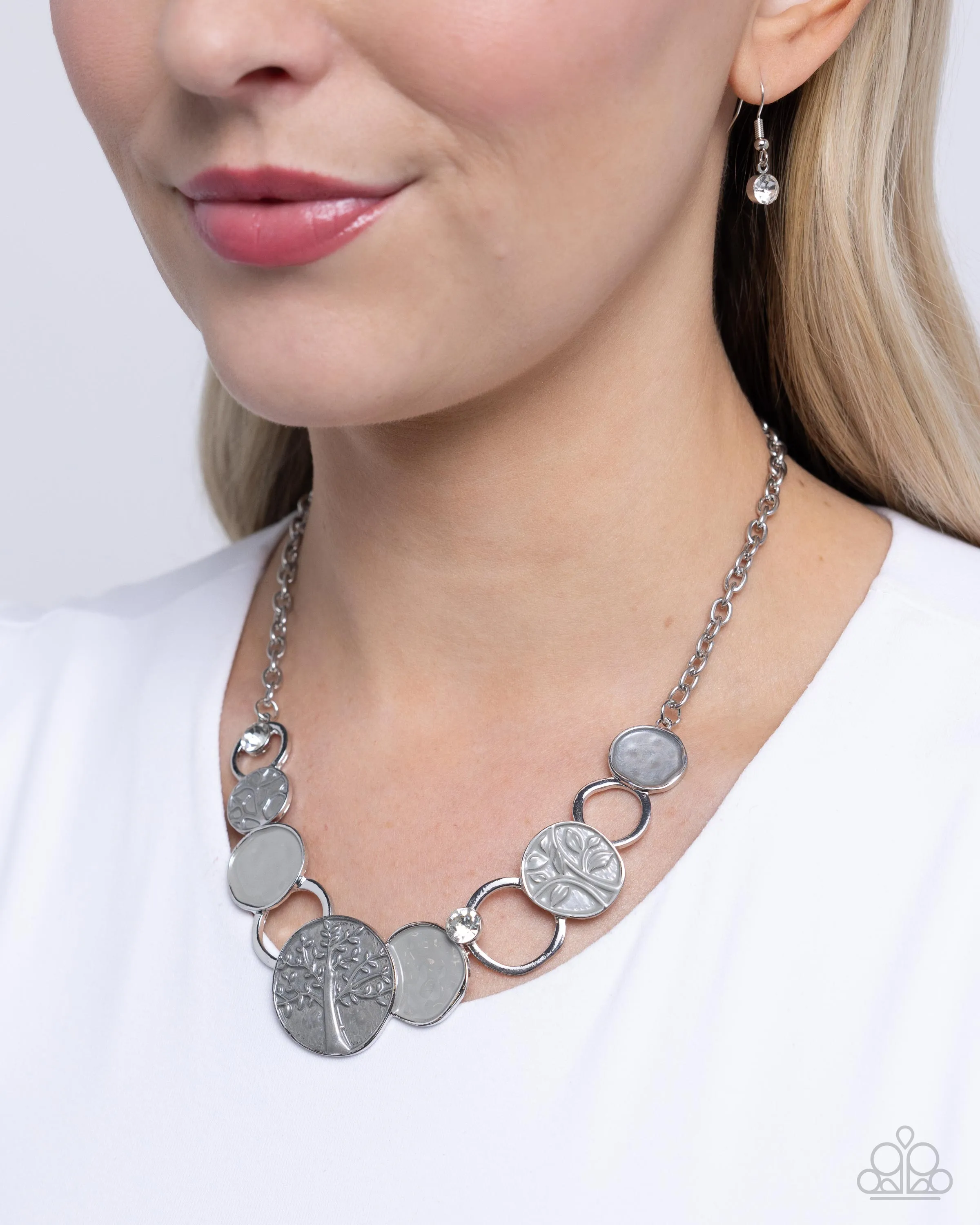 Forest Fling - Silver - Painted Disc Tree and White Gem Paparazzi Short Necklace