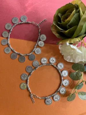German Oxidised Silver Anklets Engraved Arabic Payal Design Silver Plating With Beads Foot Jewellery