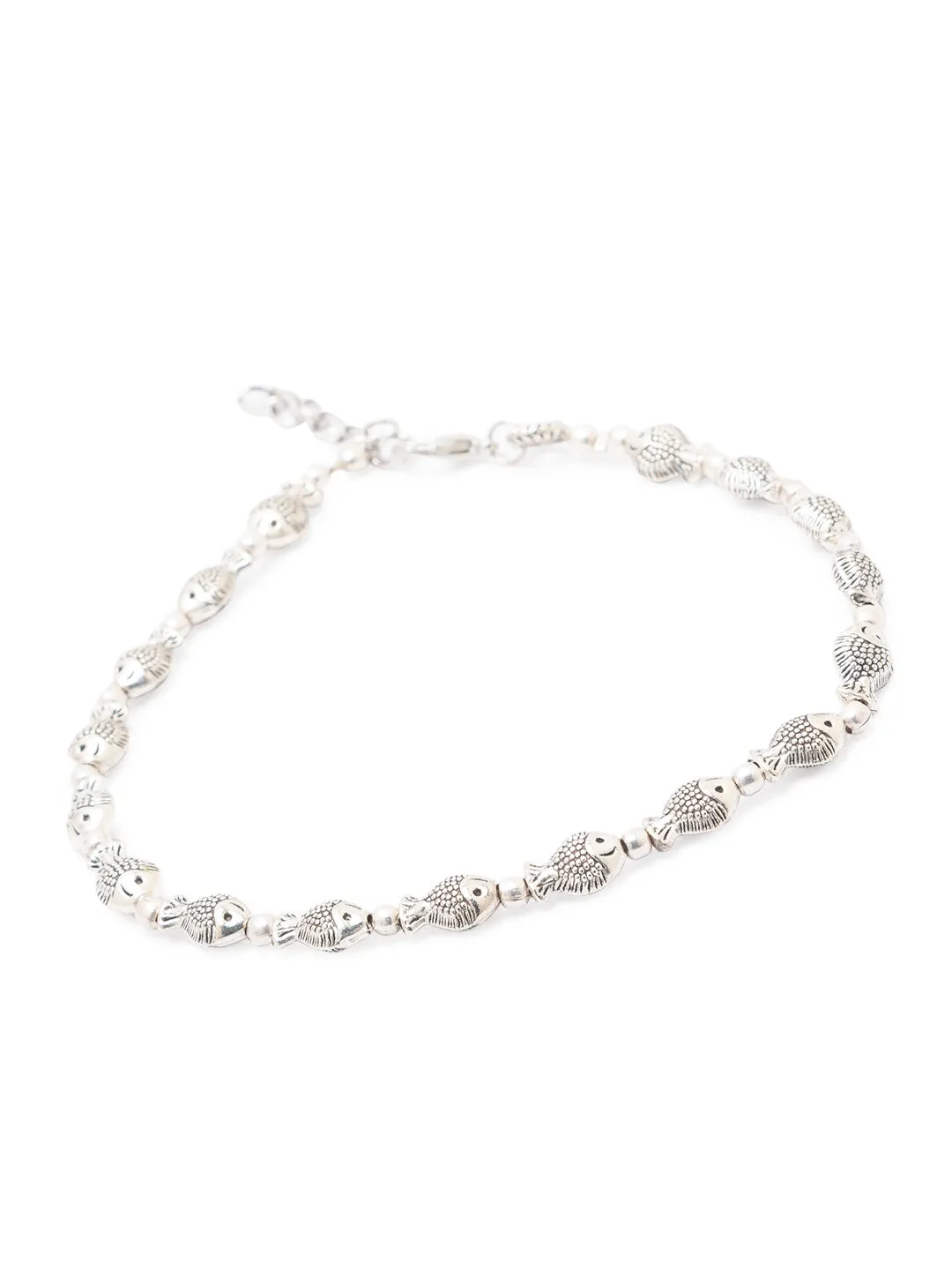 German Oxidised Silver Anklets Fish Engraved Payal Design Silver Plating with Beads Foot Jewellery