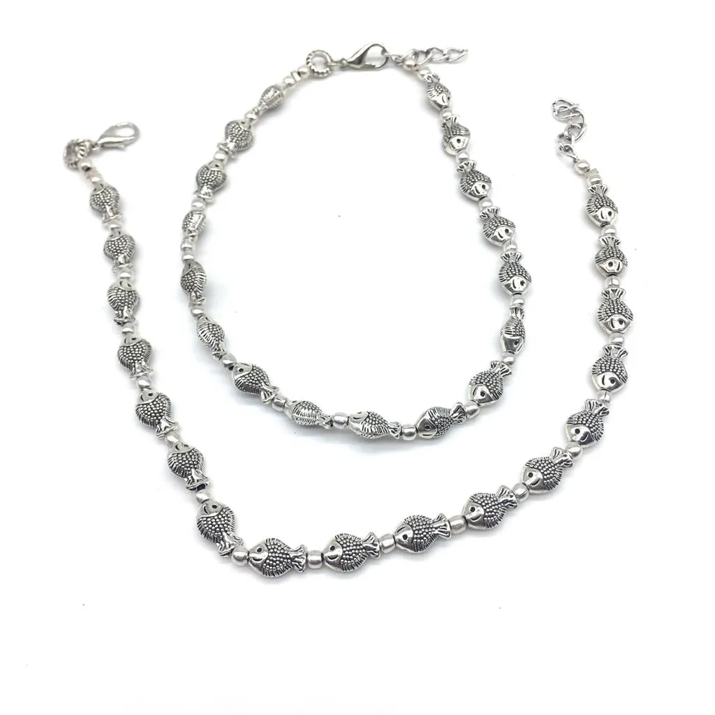 German Oxidised Silver Anklets Fish Engraved Payal Design Silver Plating with Beads Foot Jewellery