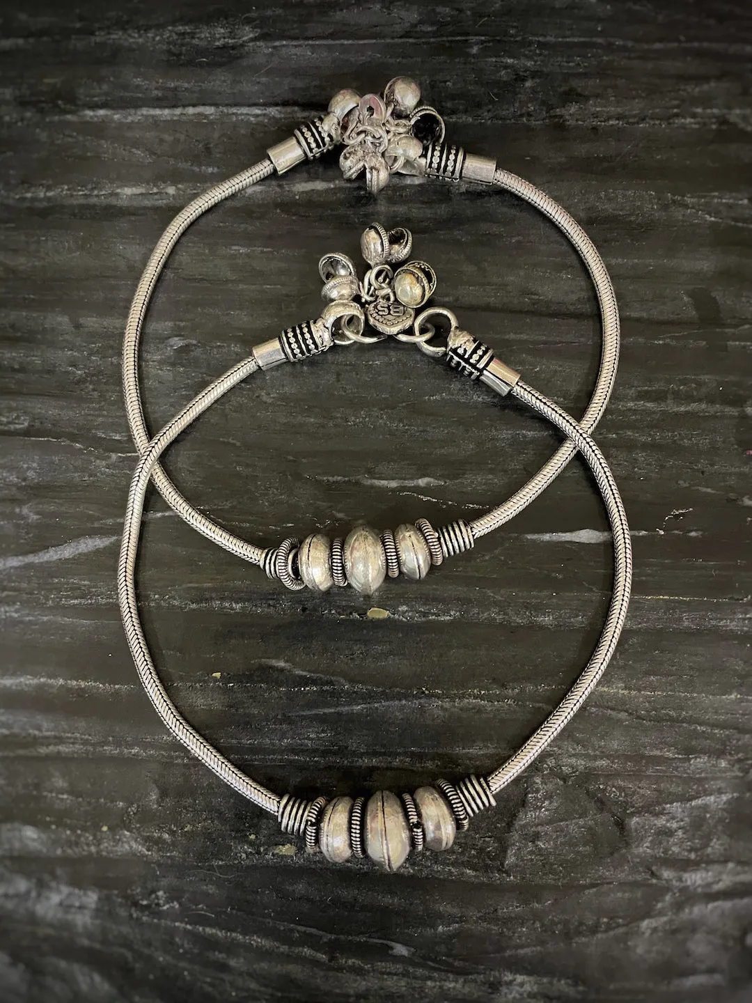 German Oxidised Silver Anklets Maharashtrian Payal Silver Plating Big Beads with Ghungroo Paijan