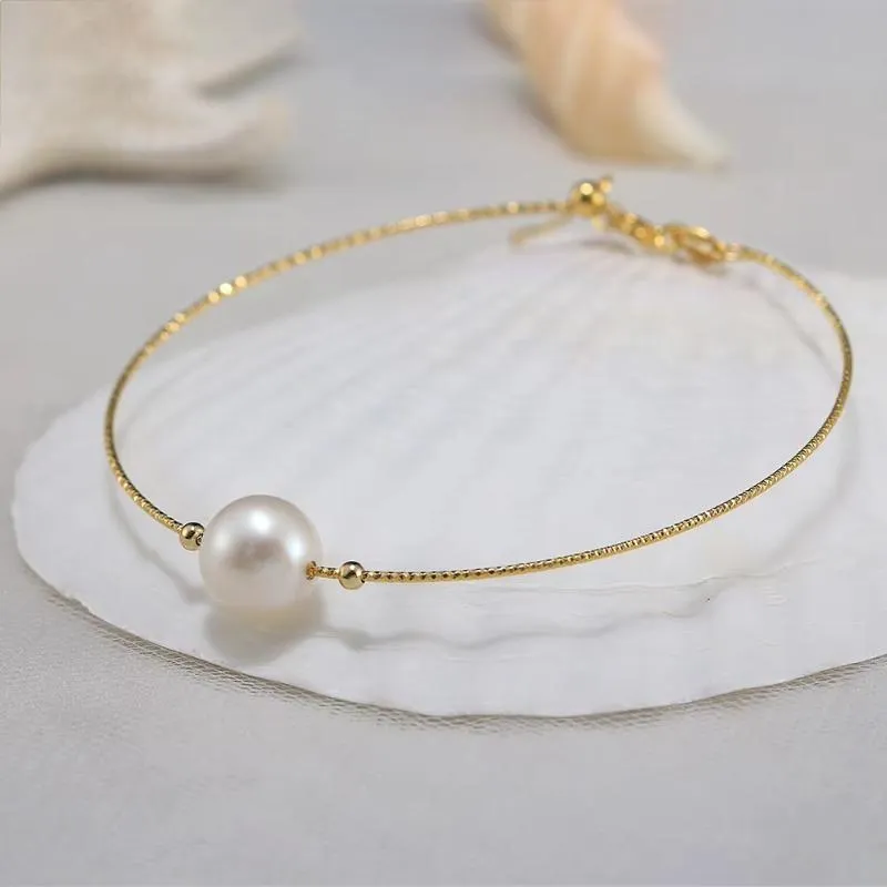 Gold 925 Sterling Silver 8mm Freshwater Pearl Bracelet for Women