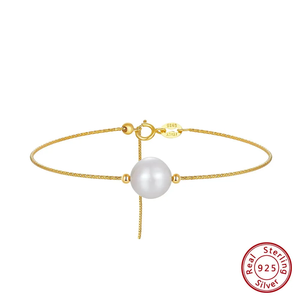 Gold 925 Sterling Silver 8mm Freshwater Pearl Bracelet for Women