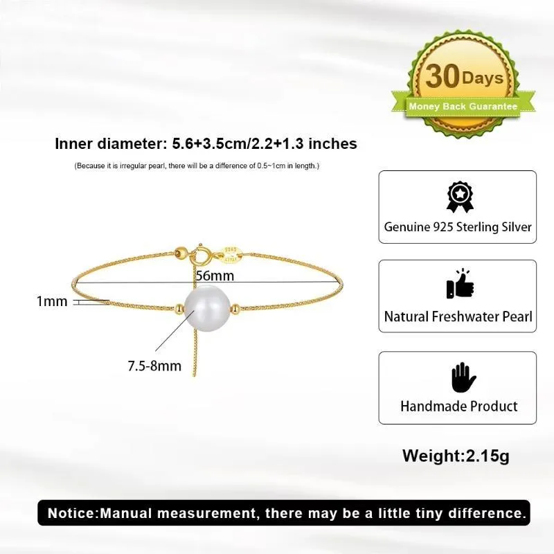 Gold 925 Sterling Silver 8mm Freshwater Pearl Bracelet for Women