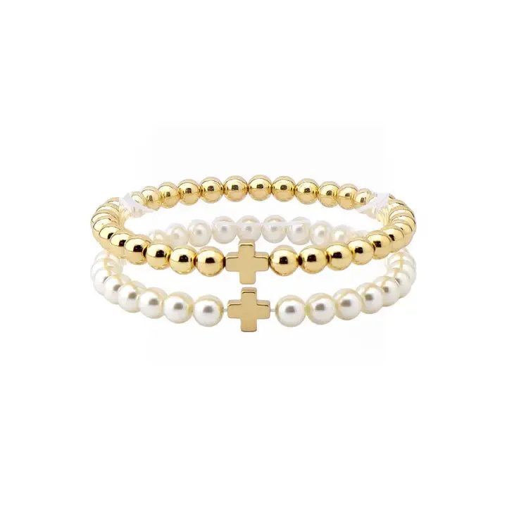 Gold and Pearl Beaded with Cross Stretch Bracelets Set