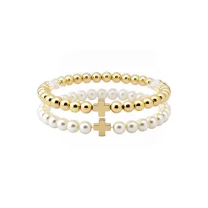 Gold and Pearl Beaded with Cross Stretch Bracelets Set
