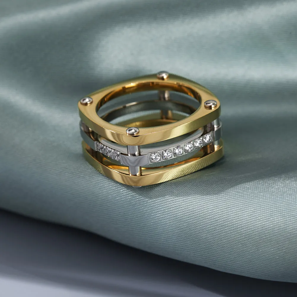 Gold Cocktail Paralleled Bar Ring with CZ