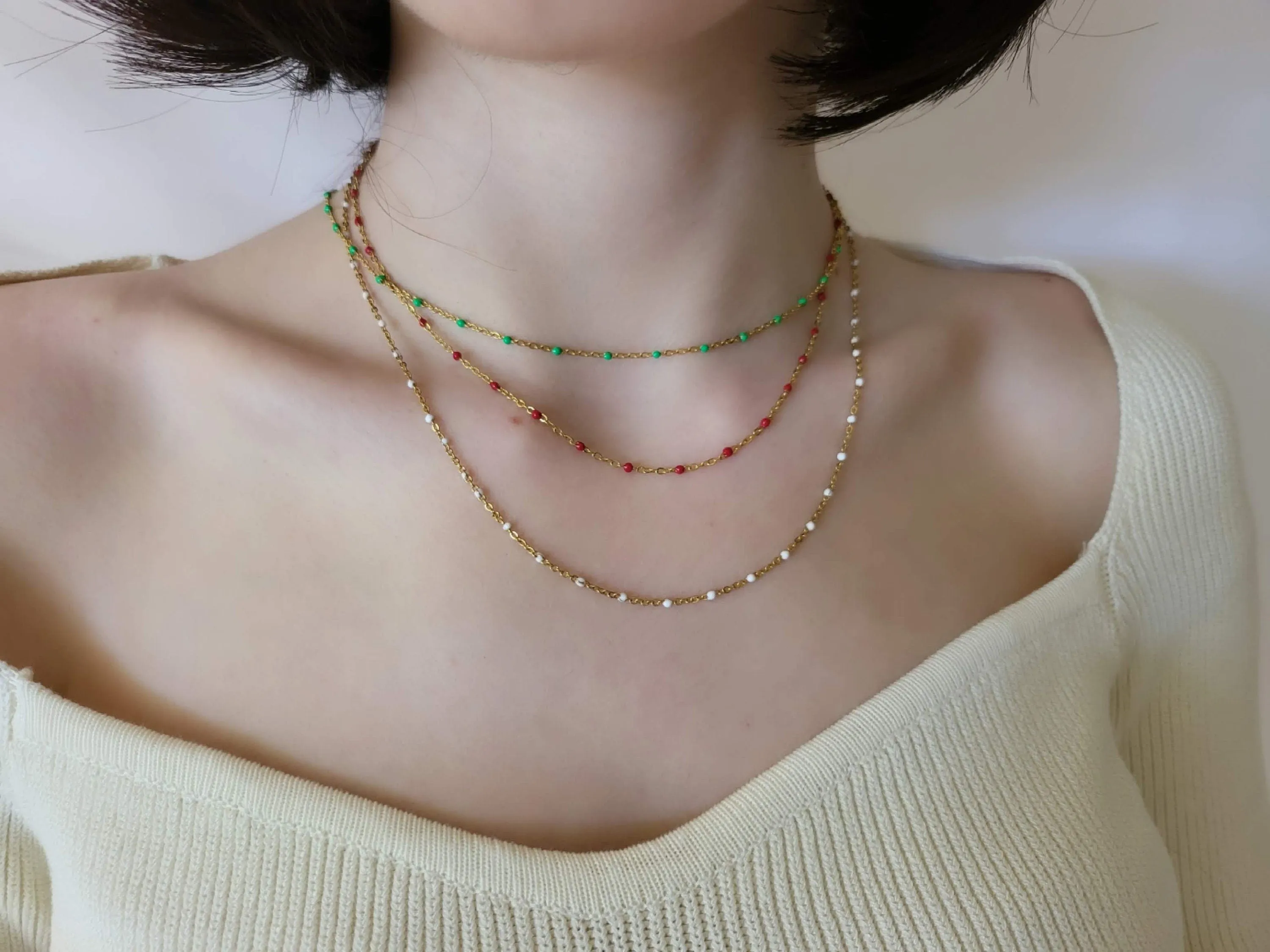 Gold Filled Colorful Beaded  Necklaces, Red, White , Green Beaded ,Waterproof, Gift For Her.