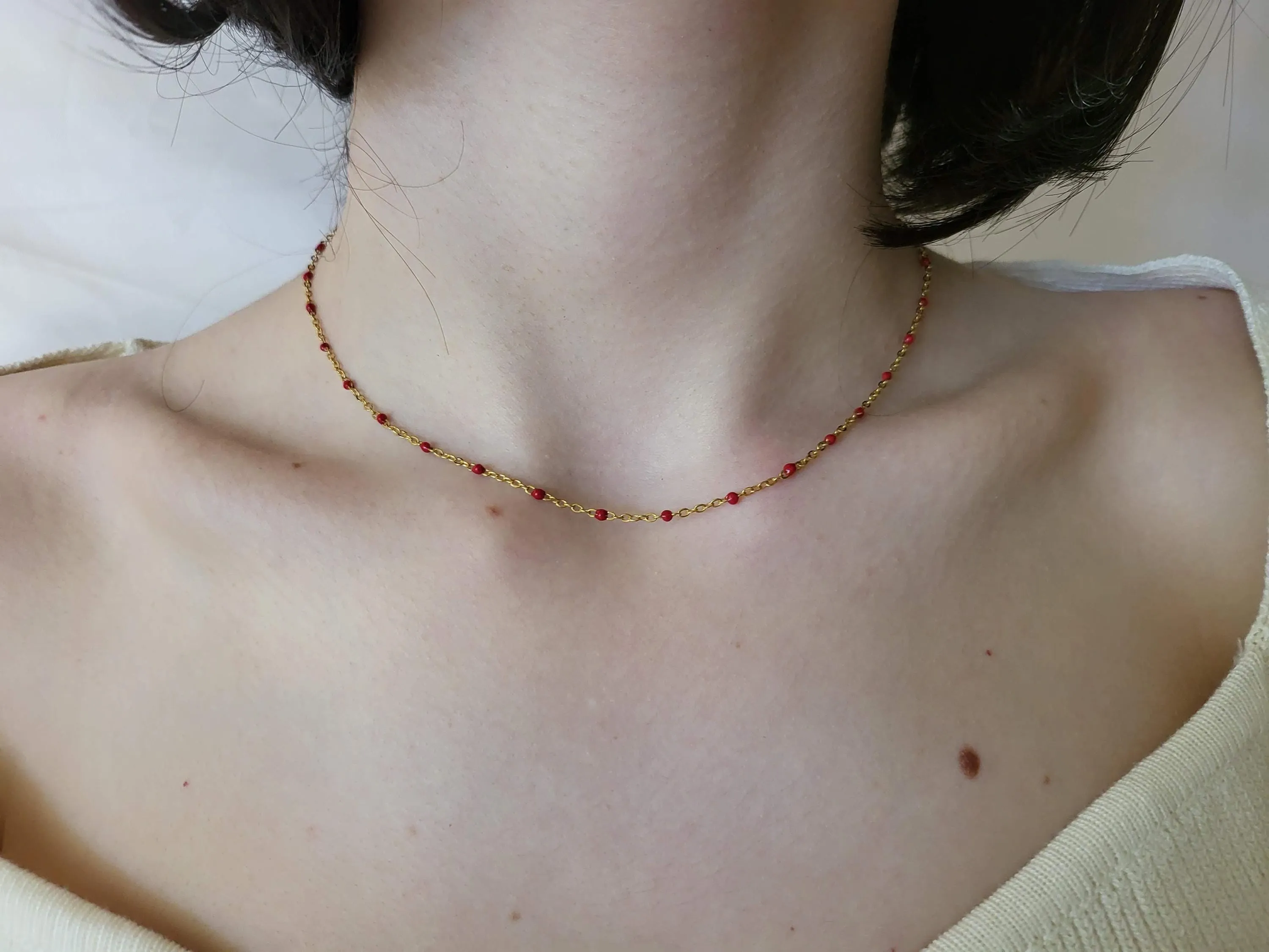 Gold Filled Colorful Beaded  Necklaces, Red, White , Green Beaded ,Waterproof, Gift For Her.