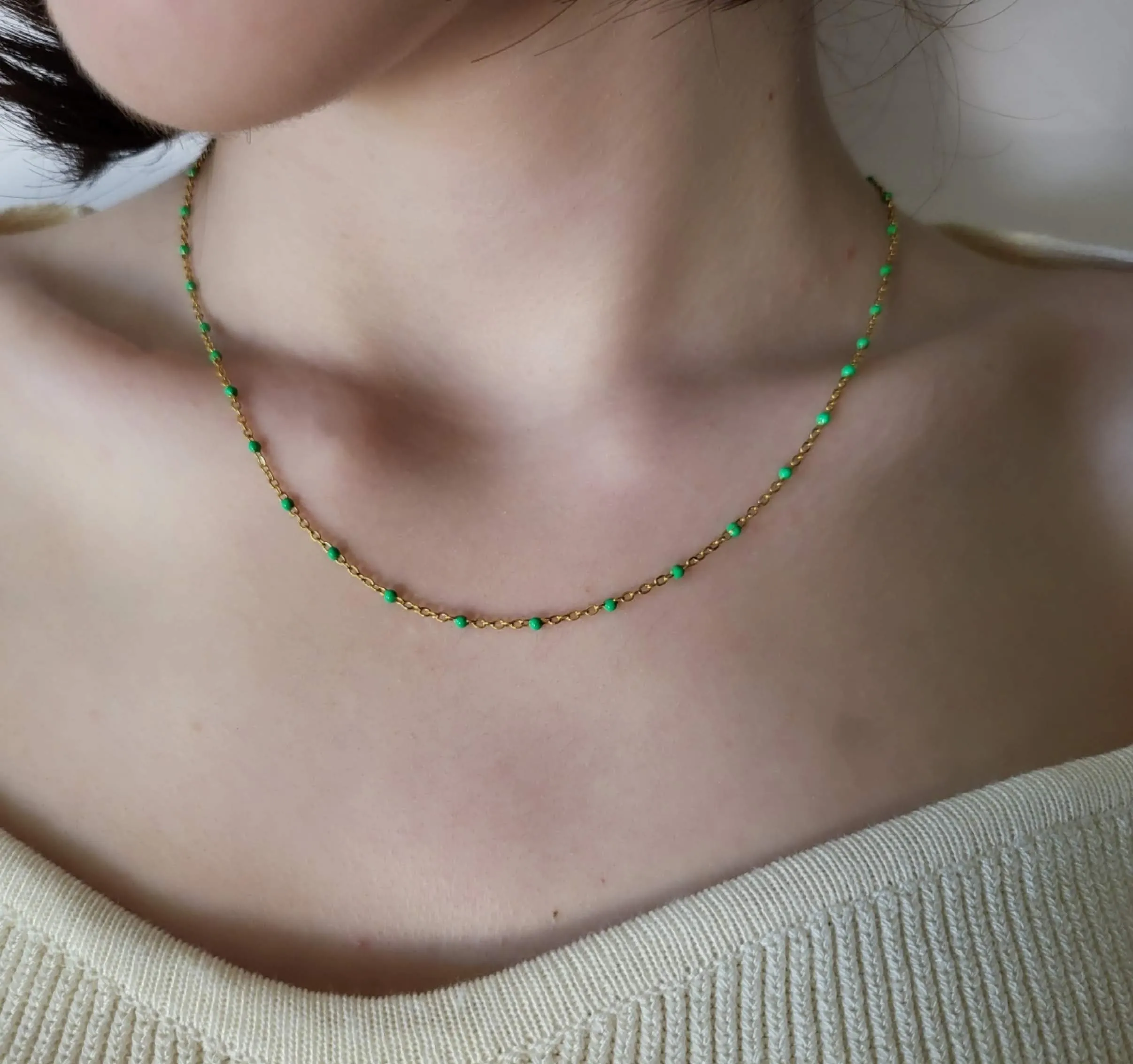 Gold Filled Colorful Beaded  Necklaces, Red, White , Green Beaded ,Waterproof, Gift For Her.