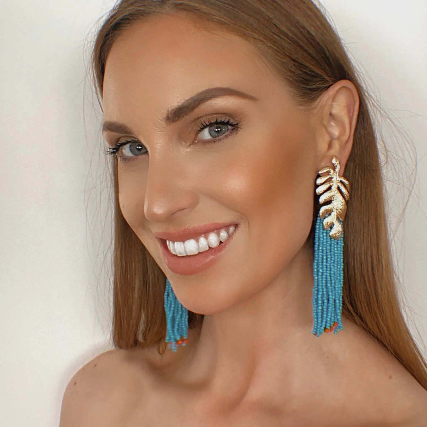 Gold Leaf and Blue Tassel Earrings