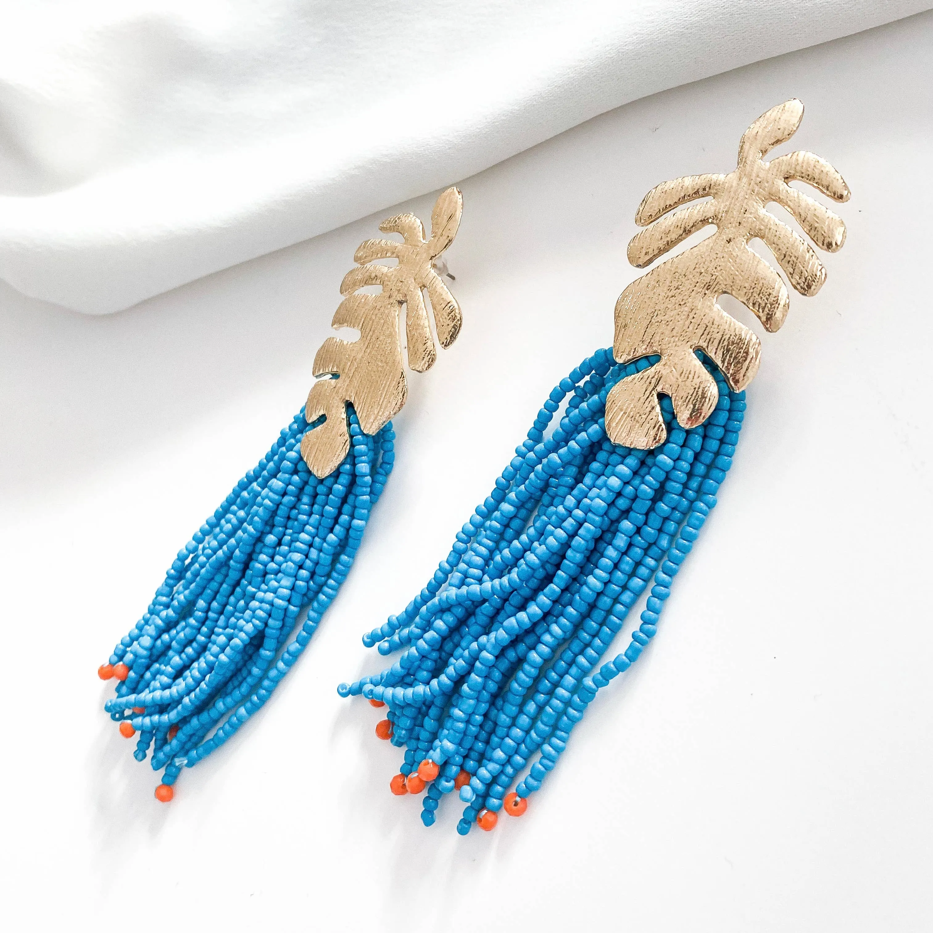Gold Leaf and Blue Tassel Earrings