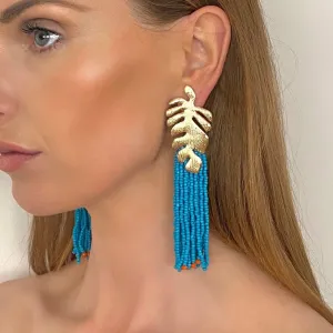 Gold Leaf and Blue Tassel Earrings