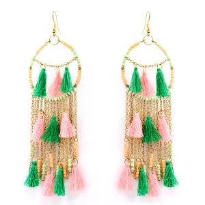 GOLD MULTI COLOR PINK AND GREEN BEADS TASSEL METAL EARRING  #KBI-ER-K1694-MP (PG7)