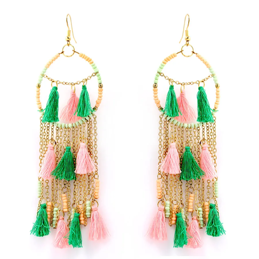 GOLD MULTI COLOR PINK AND GREEN BEADS TASSEL METAL EARRING  #KBI-ER-K1694-MP (PG7)