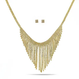 GOLD RHINESTONES CRYSTAL TASSEL NECKLACE AND EARRINGS SET #SQXX-07010480G (TG21/TE9)