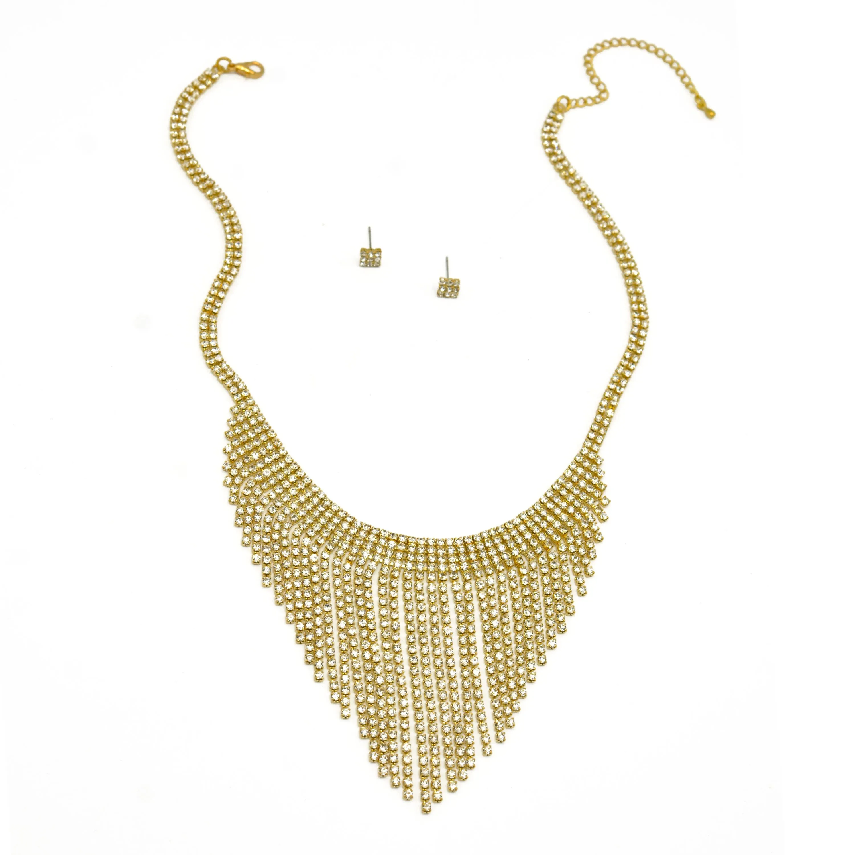 GOLD RHINESTONES CRYSTAL TASSEL NECKLACE AND EARRINGS SET #SQXX-07010480G (TG21/TE9)