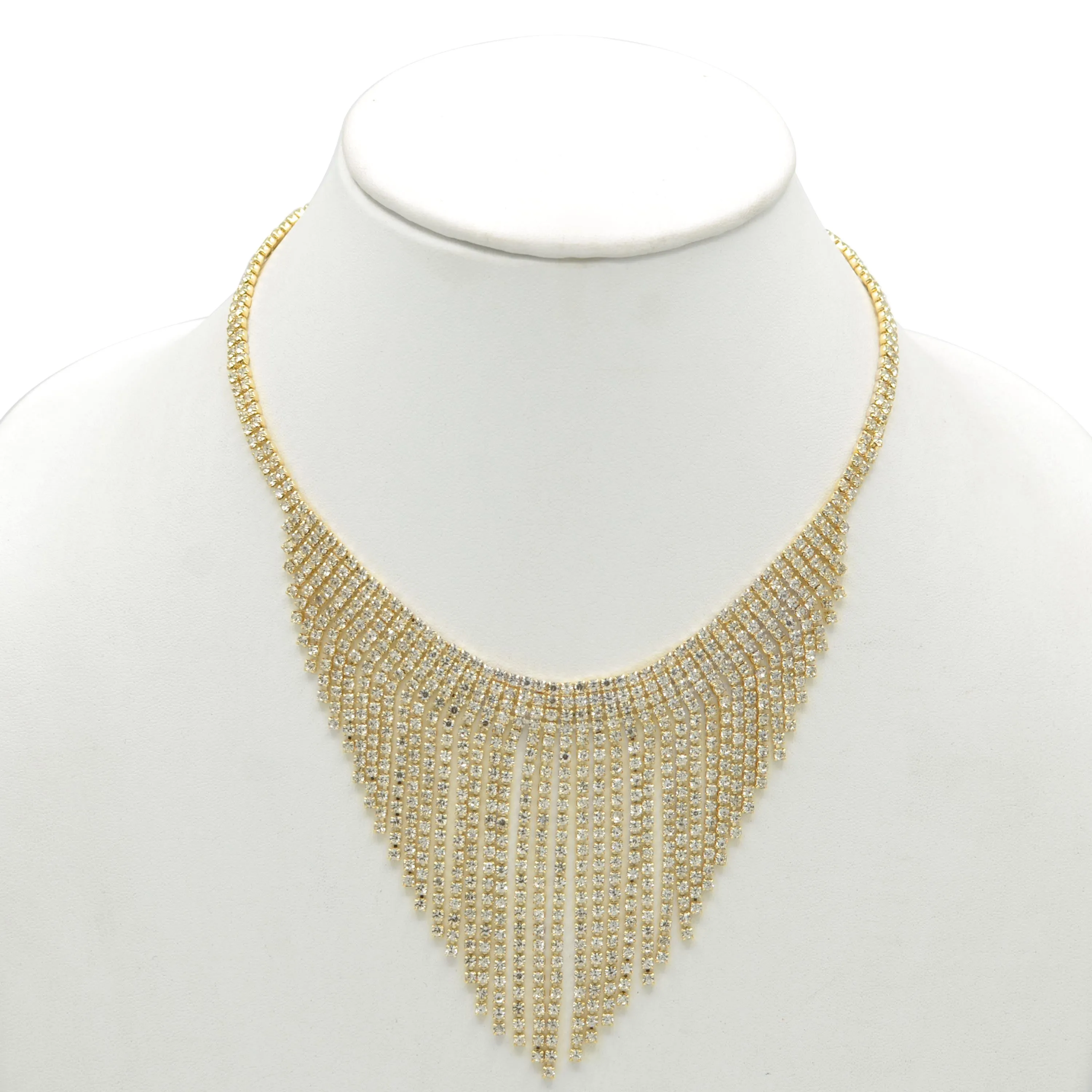 GOLD RHINESTONES CRYSTAL TASSEL NECKLACE AND EARRINGS SET #SQXX-07010480G (TG21/TE9)