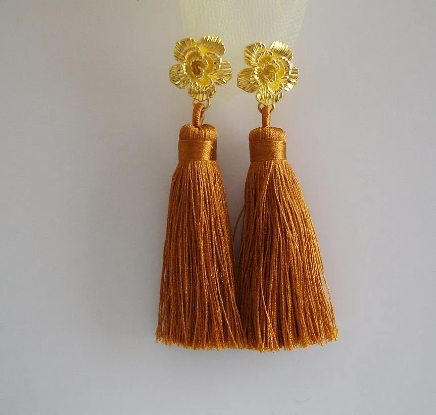 Gold Silk Thread Tassels Gold Flower Stud Earrings.