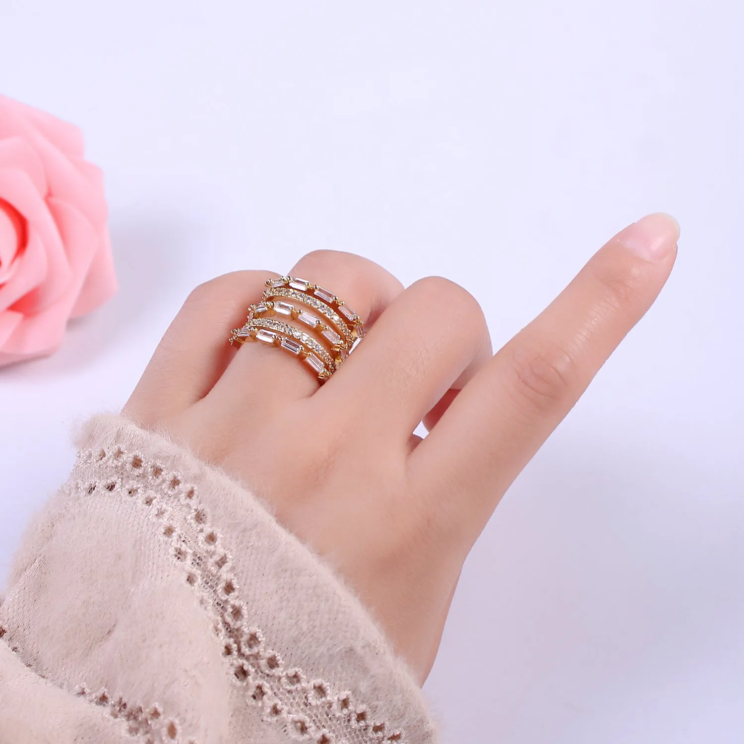 Gold Stackable Baguette Ring Clear CZ Ring Open Adjustable Jewelry U-078