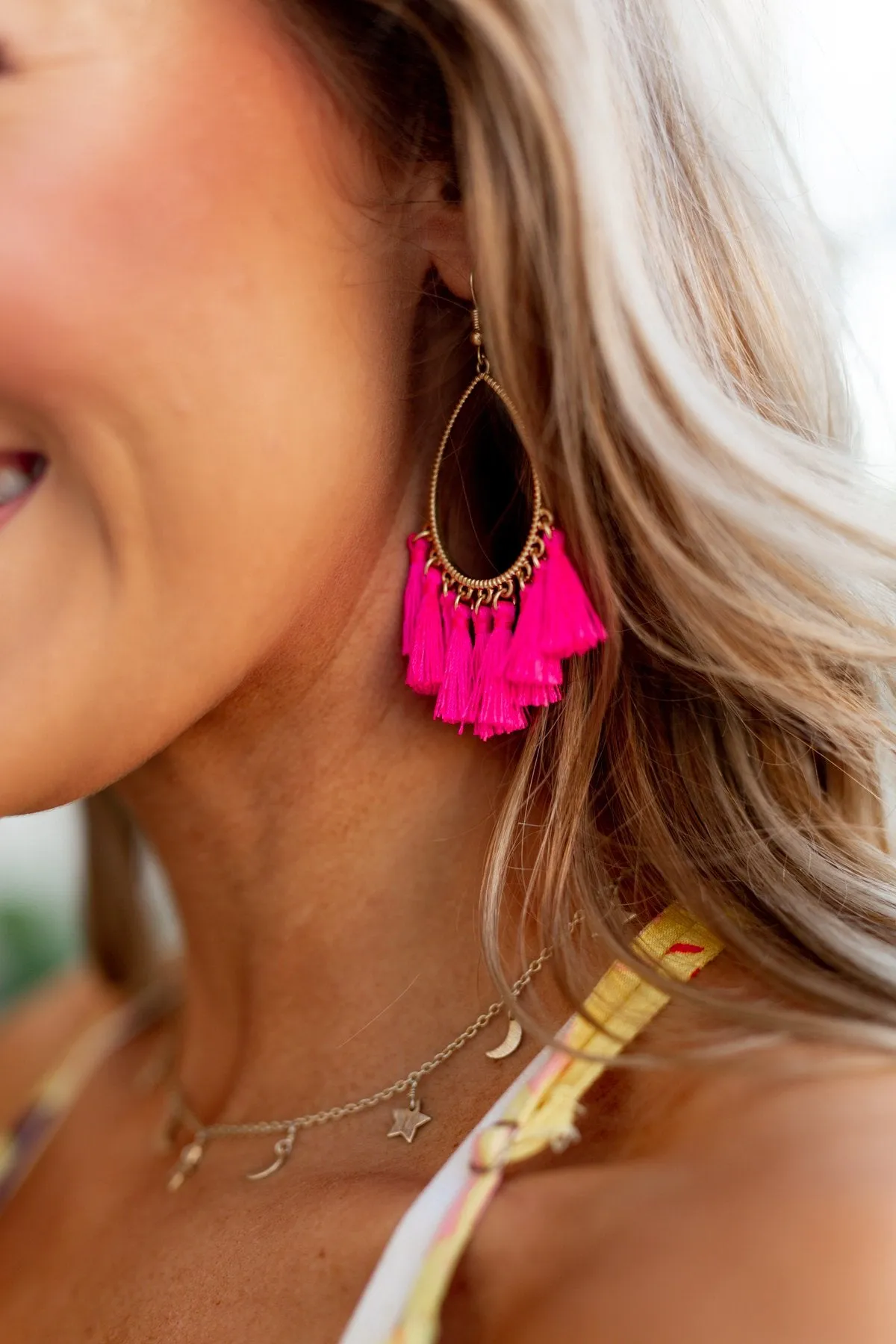 Gold Tear Drop & Tassel Earrings- Hot Pink