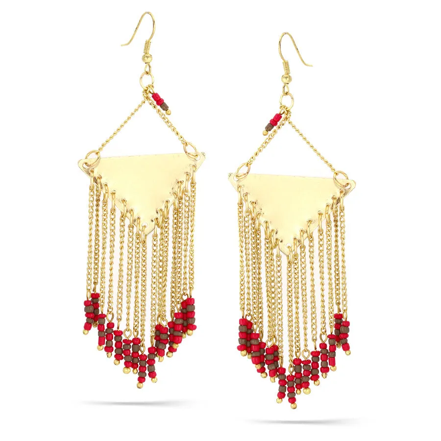 GOLD TRIANGLE FUCHSIA SEED BEAD TASSEL  EARRINGS #ER-17353 (RC25)