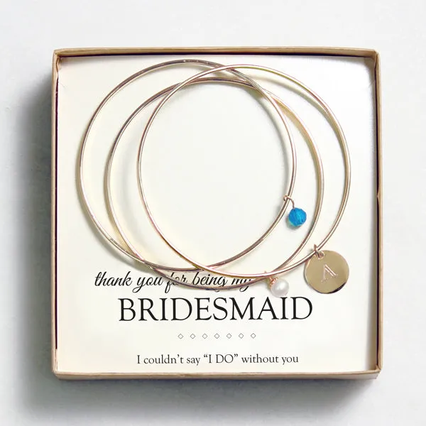 Gold w/ Caribbean Blue Crystal & Pearl Bangle Bracelets