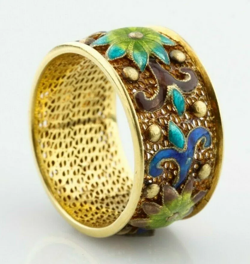 Gorgeous 14k Yellow Gold Hand-Made Band Mesh Ring w/ Gorgeous Enamel Detail Sz 6
