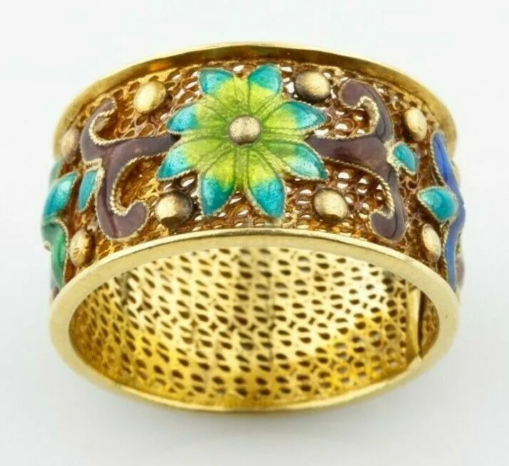 Gorgeous 14k Yellow Gold Hand-Made Band Mesh Ring w/ Gorgeous Enamel Detail Sz 6