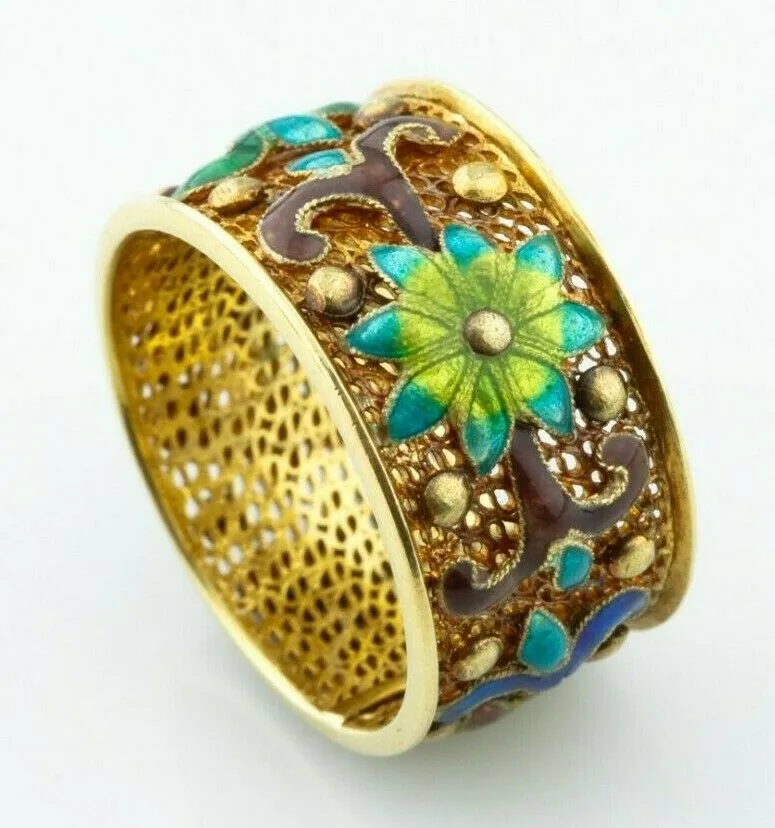 Gorgeous 14k Yellow Gold Hand-Made Band Mesh Ring w/ Gorgeous Enamel Detail Sz 6