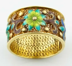 Gorgeous 14k Yellow Gold Hand-Made Band Mesh Ring w/ Gorgeous Enamel Detail Sz 6
