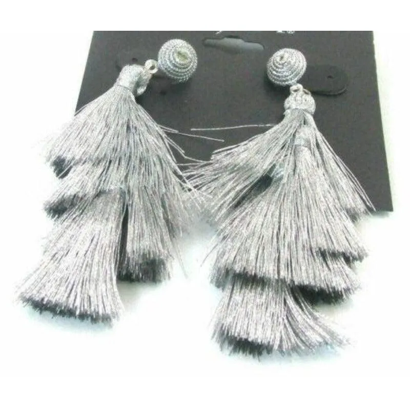 Gray Tassel Silver Pierced Earrings