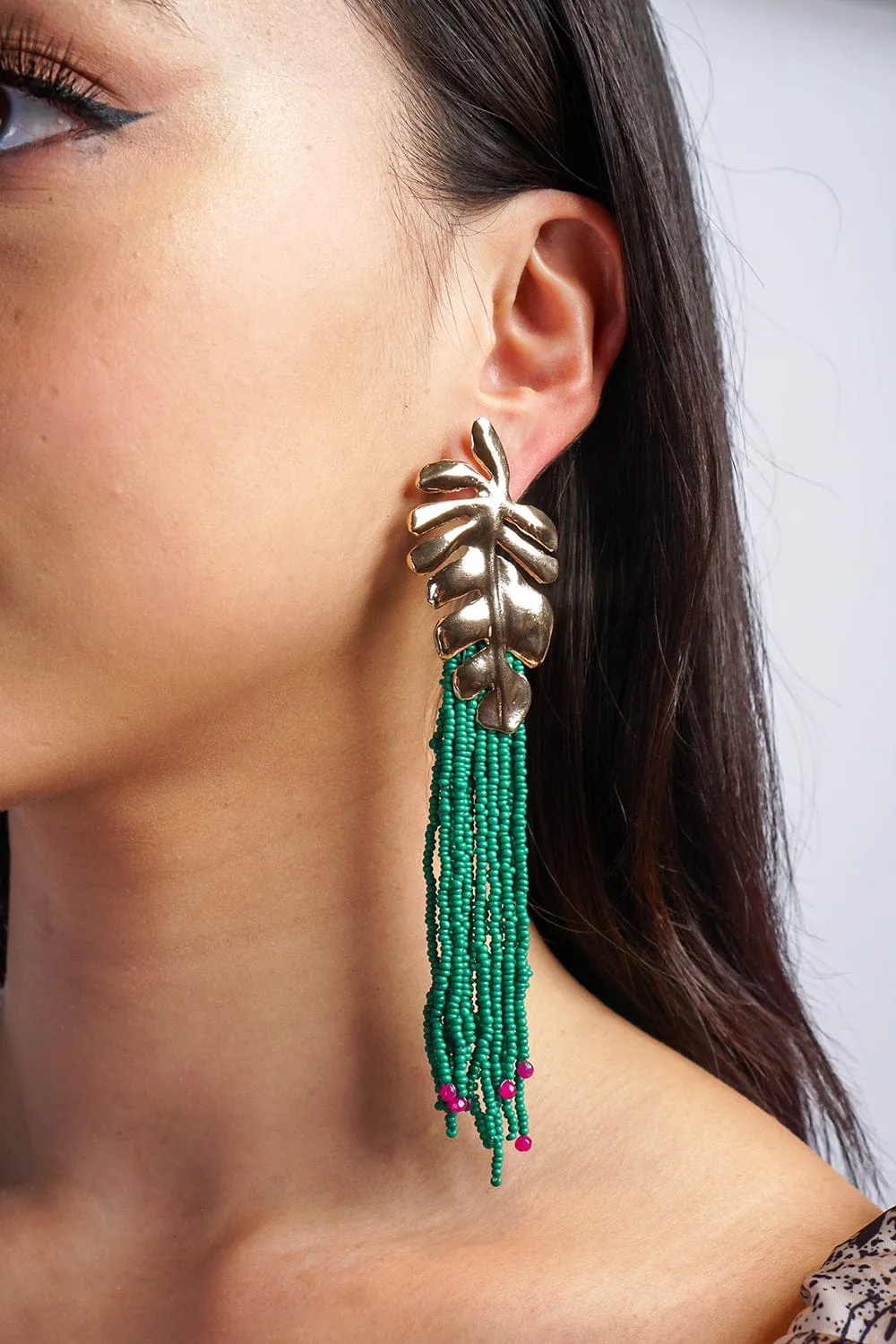 Green Alloy Long Rice Beads Tassel Leaf Earrings
