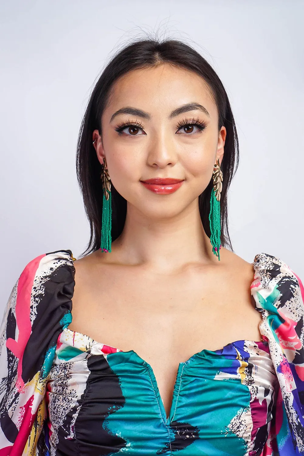 Green Alloy Long Rice Beads Tassel Leaf Earrings