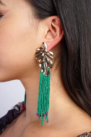Green Alloy Long Rice Beads Tassel Leaf Earrings