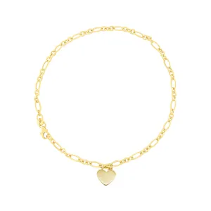 Heart Charm Figaro Anklet in 9ct Yellow Gold Silver Infused