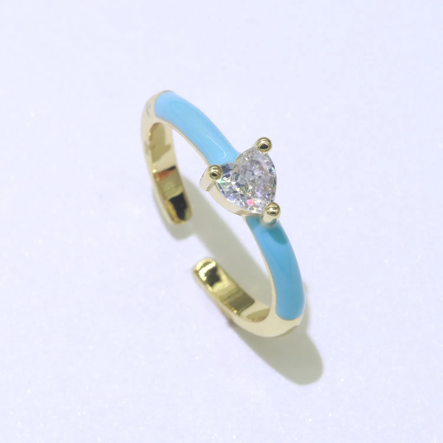 Heart Cz Ring Adjustable Gold Ring, Colorful Pastel Enamel Ring, Stackable Ring Black White Pink blue Green Ring for Women O-910~O-919