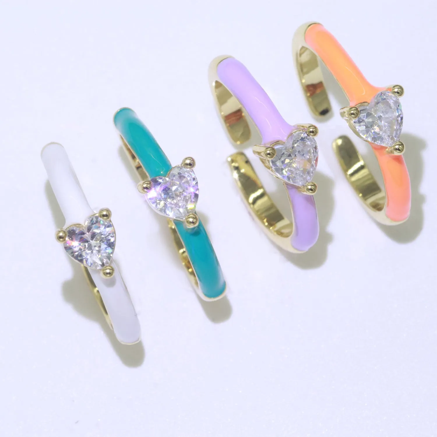 Heart Cz Ring Adjustable Gold Ring, Colorful Pastel Enamel Ring, Stackable Ring Black White Pink blue Green Ring for Women O-910~O-919