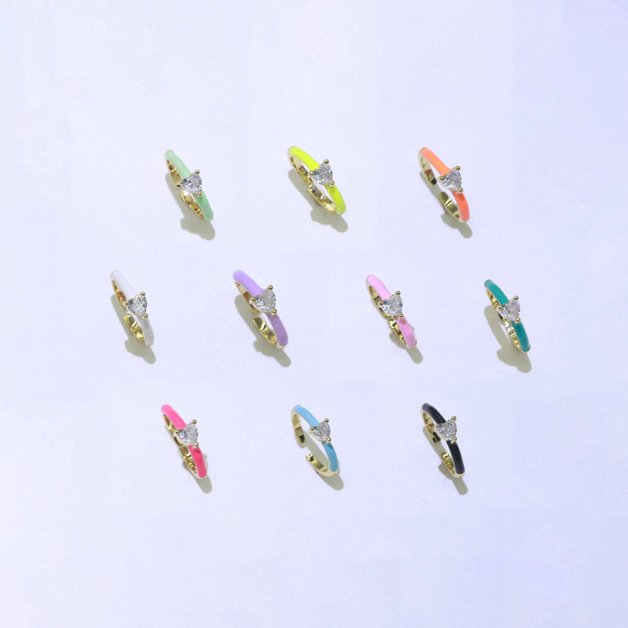 Heart Cz Ring Adjustable Gold Ring, Colorful Pastel Enamel Ring, Stackable Ring Black White Pink blue Green Ring for Women O-910~O-919