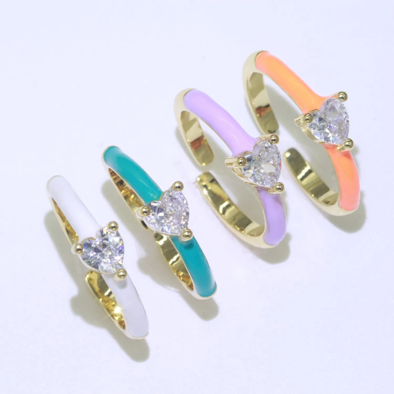 Heart Cz Ring Adjustable Gold Ring, Colorful Pastel Enamel Ring, Stackable Ring Black White Pink blue Green Ring for Women O-910~O-919