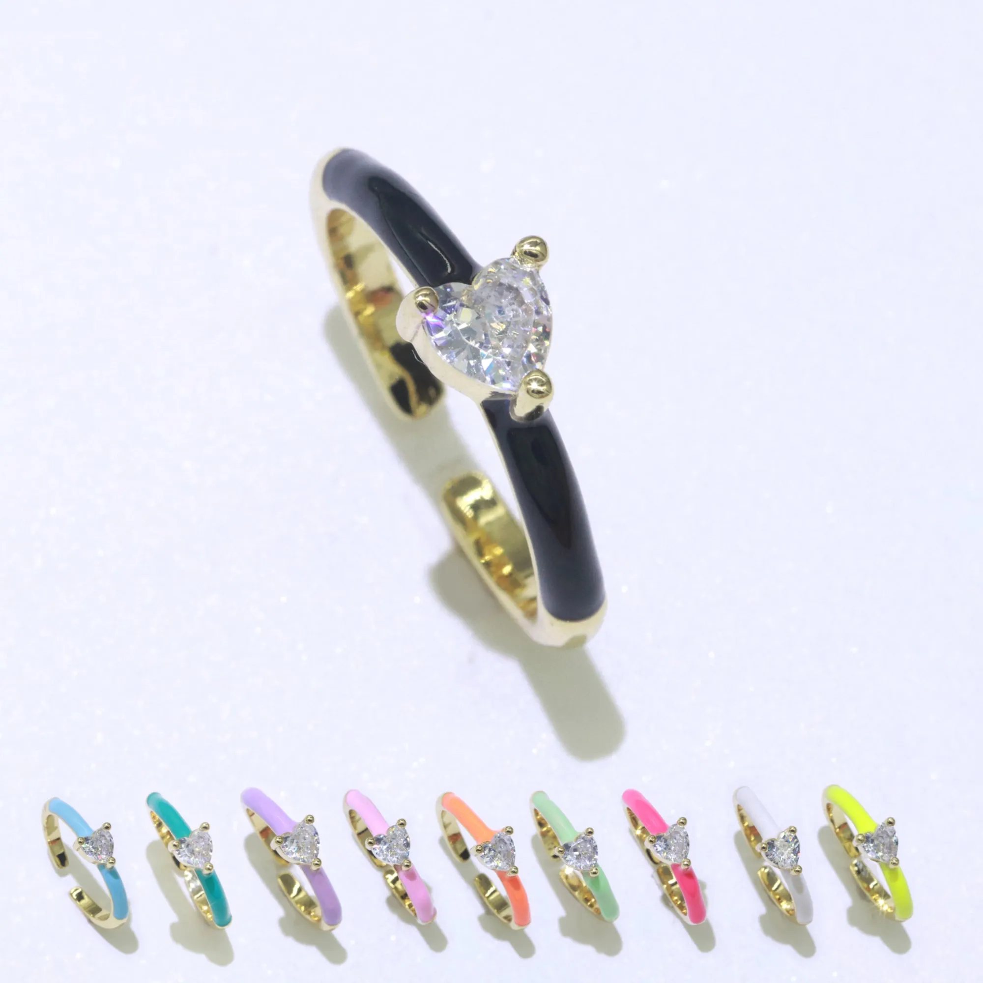 Heart Cz Ring Adjustable Gold Ring, Colorful Pastel Enamel Ring, Stackable Ring Black White Pink blue Green Ring for Women O-910~O-919